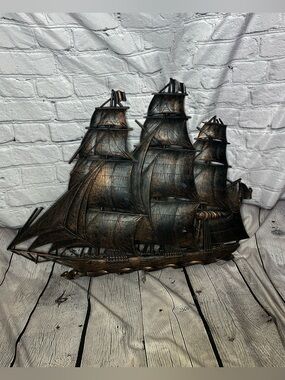 VTG 60s MCM Coppercraft Guild Plastic Nautical Sailing Ship Wall Decor 21”x27”